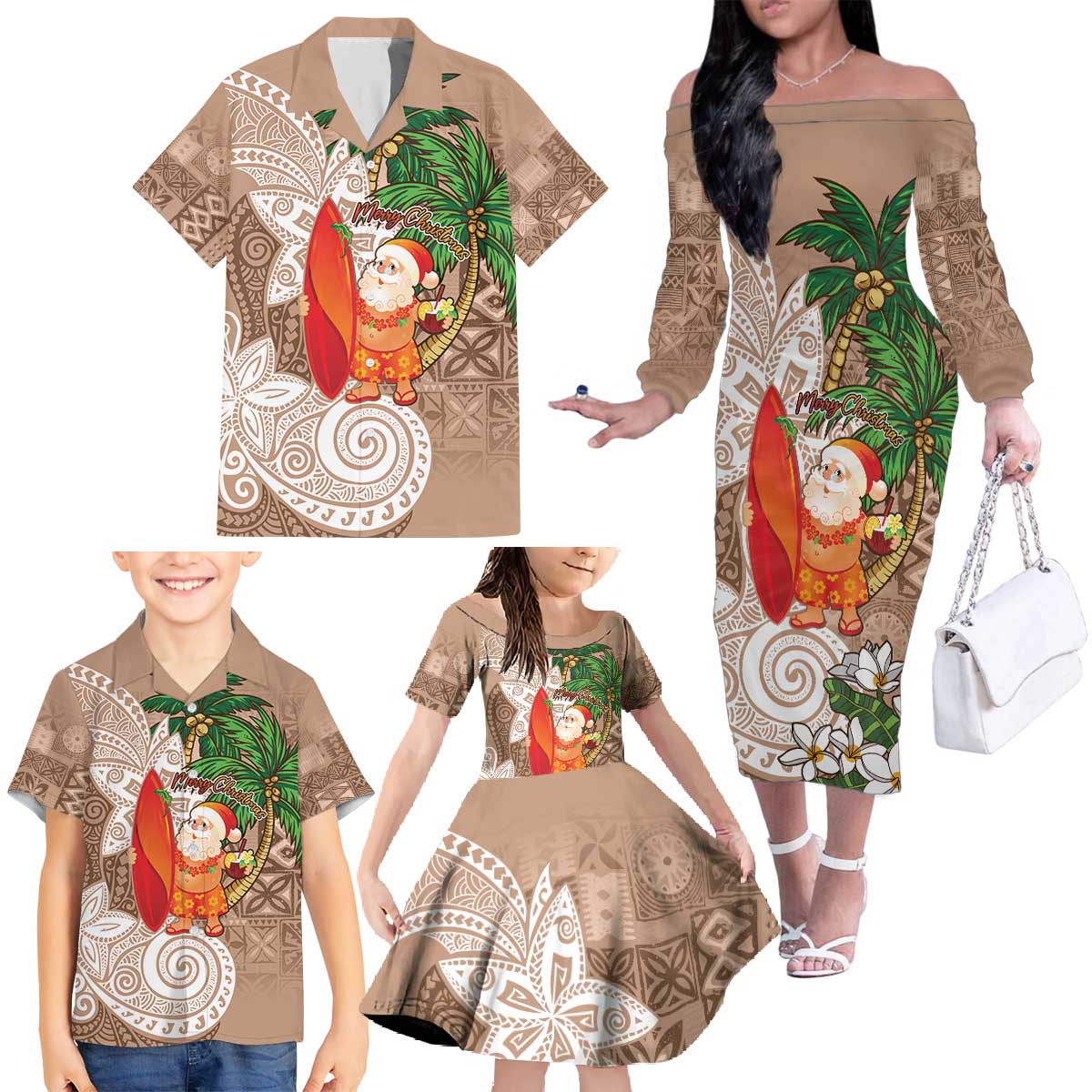 Polynesian Family Matching Off The Shoulder Long Sleeve Dress and Hawaiian Shirt Tropical Santa - Plumeria Beige Vintage LT7 - Polynesian Pride