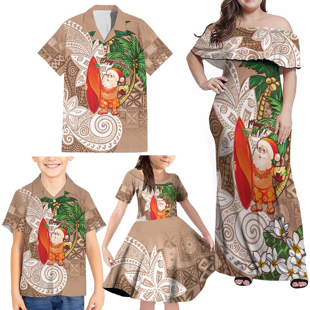 Polynesian Family Matching Off Shoulder Maxi Dress and Hawaiian Shirt Tropical Santa - Plumeria Beige Vintage LT7 - Polynesian Pride
