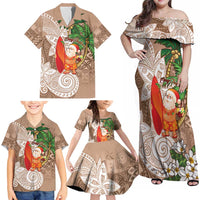 Polynesian Family Matching Off Shoulder Maxi Dress and Hawaiian Shirt Tropical Santa - Plumeria Beige Vintage LT7 - Polynesian Pride
