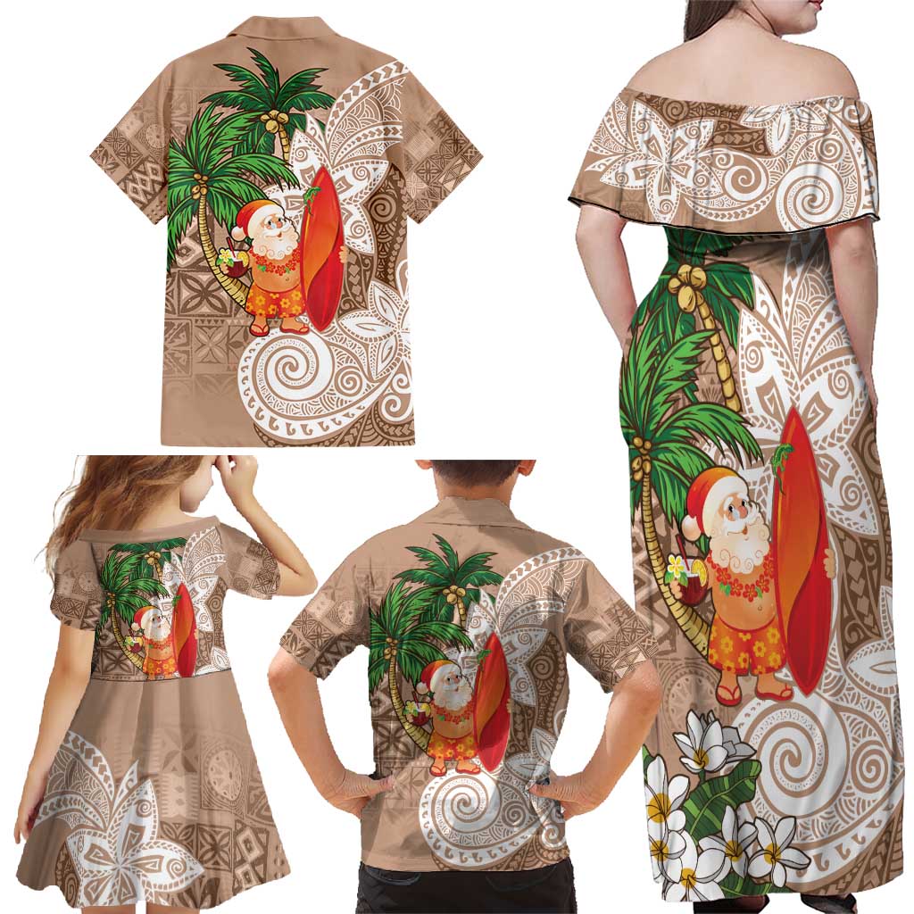 Polynesian Family Matching Off Shoulder Maxi Dress and Hawaiian Shirt Tropical Santa - Plumeria Beige Vintage LT7 - Polynesian Pride