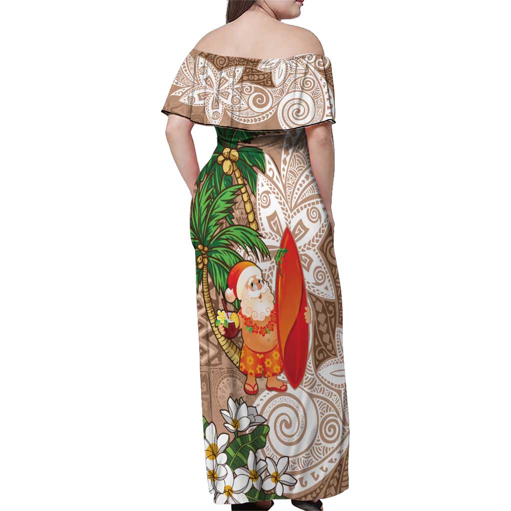Polynesian Family Matching Off Shoulder Maxi Dress and Hawaiian Shirt Tropical Santa - Plumeria Beige Vintage LT7 - Polynesian Pride