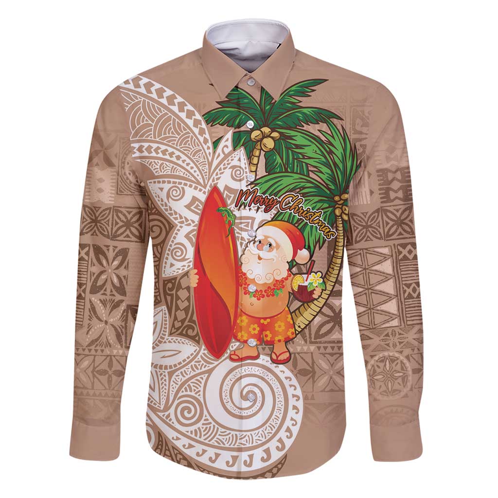 Polynesian Family Matching Off Shoulder Short Dress and Hawaiian Shirt Tropical Santa - Plumeria Beige Vintage LT7 Dad's Shirt - Long Sleeve Beige - Polynesian Pride