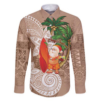 Polynesian Family Matching Off Shoulder Short Dress and Hawaiian Shirt Tropical Santa - Plumeria Beige Vintage LT7 Dad's Shirt - Long Sleeve Beige - Polynesian Pride