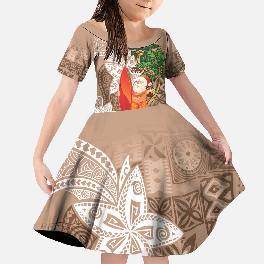 Polynesian Family Matching Short Sleeve Bodycon Dress and Hawaiian Shirt Tropical Santa - Plumeria Beige Vintage LT7 Daughter's Dress Beige - Polynesian Pride