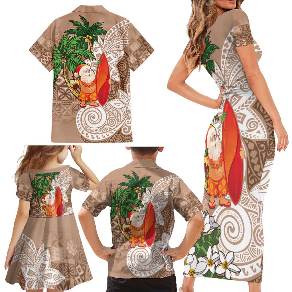Polynesian Family Matching Short Sleeve Bodycon Dress and Hawaiian Shirt Tropical Santa - Plumeria Beige Vintage LT7 - Polynesian Pride