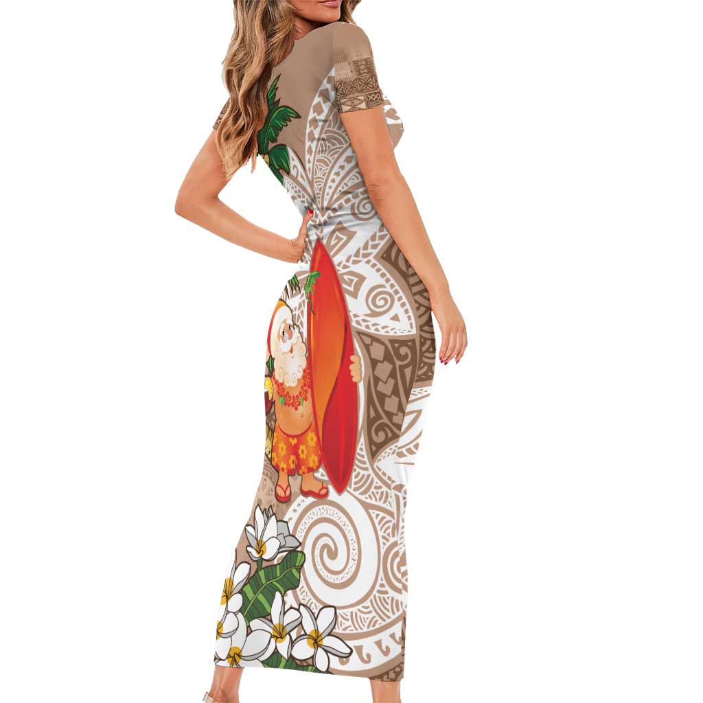 Polynesian Family Matching Short Sleeve Bodycon Dress and Hawaiian Shirt Tropical Santa - Plumeria Beige Vintage LT7 - Polynesian Pride
