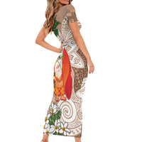 Polynesian Family Matching Short Sleeve Bodycon Dress and Hawaiian Shirt Tropical Santa - Plumeria Beige Vintage LT7 - Polynesian Pride