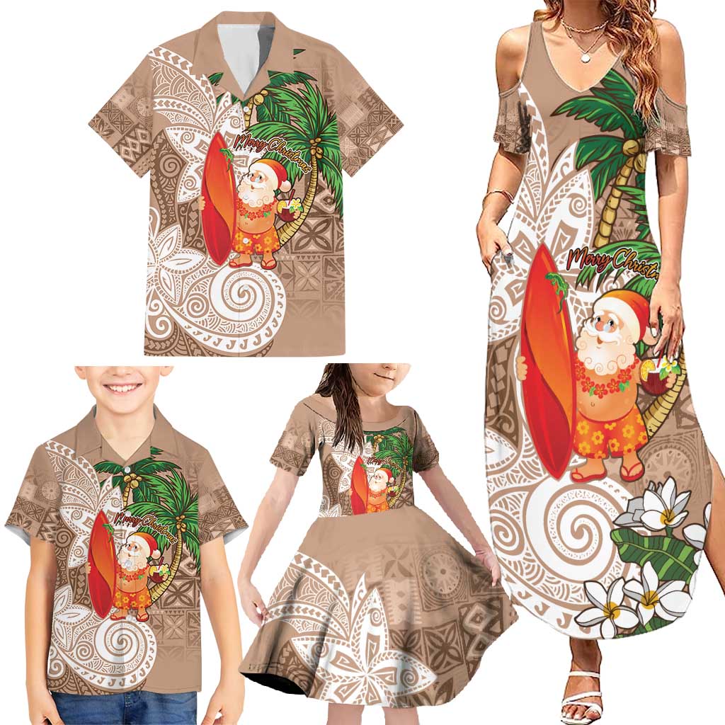 Polynesian Family Matching Summer Maxi Dress and Hawaiian Shirt Tropical Santa - Plumeria Beige Vintage LT7 - Polynesian Pride