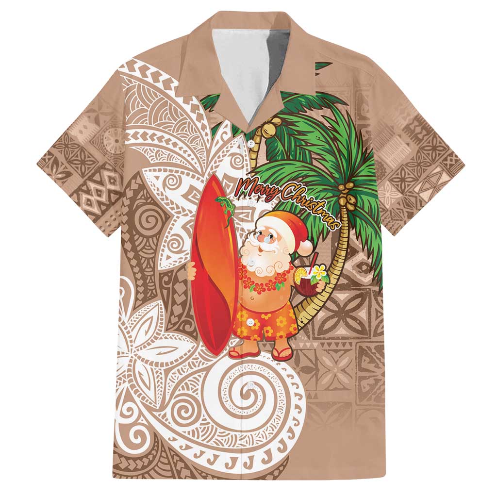 Polynesian Family Matching Summer Maxi Dress and Hawaiian Shirt Tropical Santa - Plumeria Beige Vintage LT7 Dad's Shirt - Short Sleeve Beige - Polynesian Pride