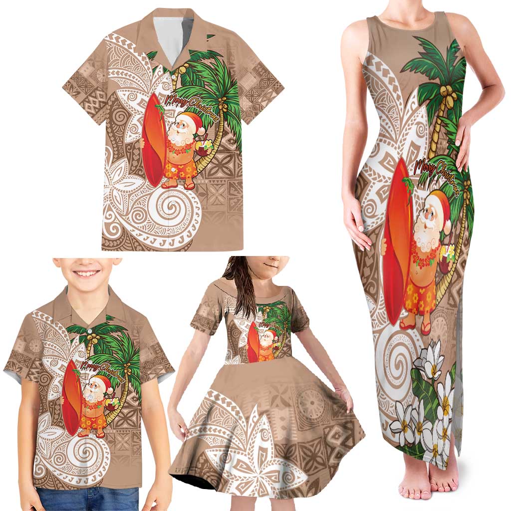 Polynesian Family Matching Tank Maxi Dress and Hawaiian Shirt Tropical Santa - Plumeria Beige Vintage LT7 - Polynesian Pride