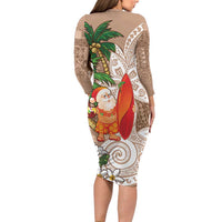 Polynesian Long Sleeve Bodycon Dress Tropical Santa - Plumeria Beige Vintage