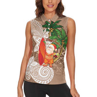 Polynesian Women Sleeveless Polo Shirt Tropical Santa - Plumeria Beige Vintage LT7 - Polynesian Pride