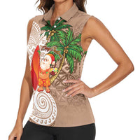 Polynesian Women Sleeveless Polo Shirt Tropical Santa - Plumeria Beige Vintage LT7 - Polynesian Pride