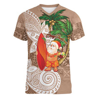 Polynesian Women V-Neck T-Shirt Tropical Santa - Plumeria Beige Vintage LT7 Female Beige - Polynesian Pride
