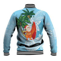 Polynesian Baseball Jacket Tropical Santa - Plumeria Turquoise Vintage