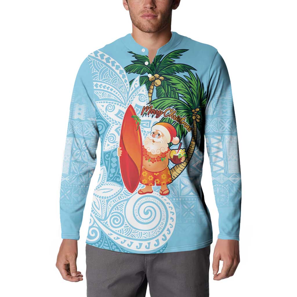 Polynesian Button Sweatshirt Tropical Santa - Plumeria Turquoise Vintage