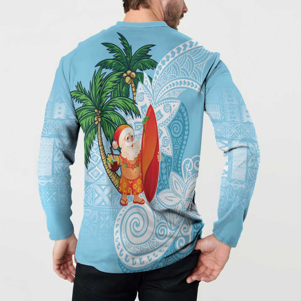 Polynesian Button Sweatshirt Tropical Santa - Plumeria Turquoise Vintage