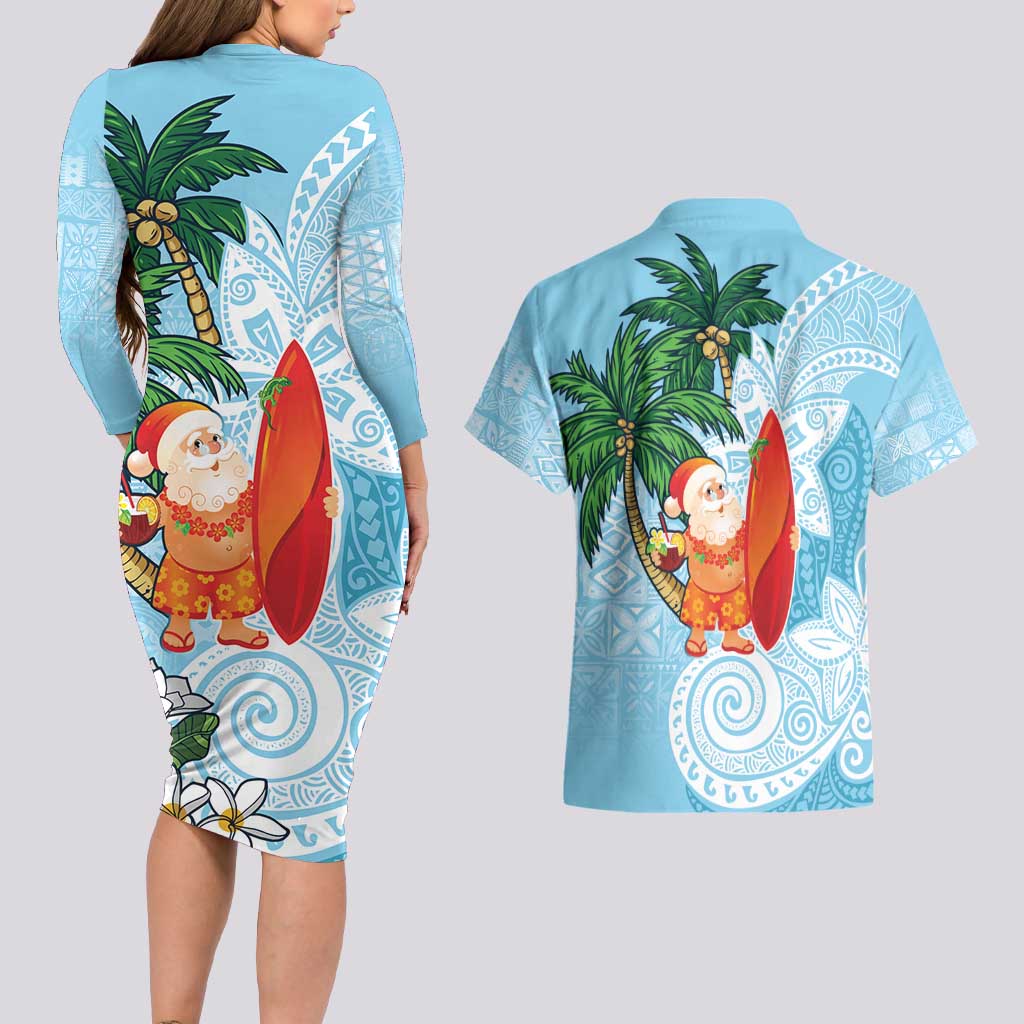 Polynesian Couples Matching Long Sleeve Bodycon Dress and Hawaiian Shirt Tropical Santa - Plumeria Turquoise Vintage LT7 - Polynesian Pride