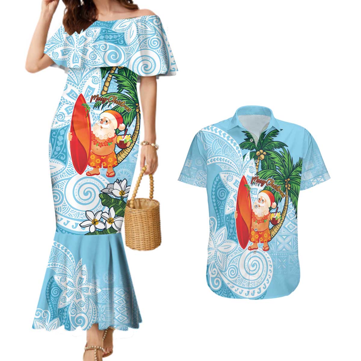 Polynesian Couples Matching Mermaid Dress and Hawaiian Shirt Tropical Santa - Plumeria Turquoise Vintage LT7 Turquoise - Polynesian Pride