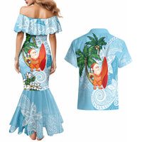 Polynesian Couples Matching Mermaid Dress and Hawaiian Shirt Tropical Santa - Plumeria Turquoise Vintage LT7 - Polynesian Pride