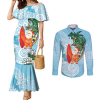 Polynesian Couples Matching Mermaid Dress and Long Sleeve Button Shirt Tropical Santa - Plumeria Turquoise Vintage LT7 Turquoise - Polynesian Pride
