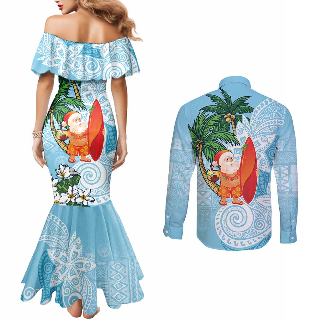 Polynesian Couples Matching Mermaid Dress and Long Sleeve Button Shirt Tropical Santa - Plumeria Turquoise Vintage LT7 - Polynesian Pride