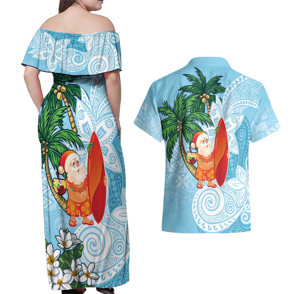 Polynesian Couples Matching Off Shoulder Maxi Dress and Hawaiian Shirt Tropical Santa - Plumeria Turquoise Vintage LT7 - Polynesian Pride