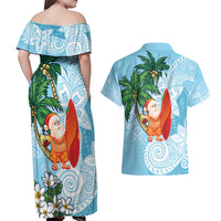 Polynesian Couples Matching Off Shoulder Maxi Dress and Hawaiian Shirt Tropical Santa - Plumeria Turquoise Vintage LT7 - Polynesian Pride