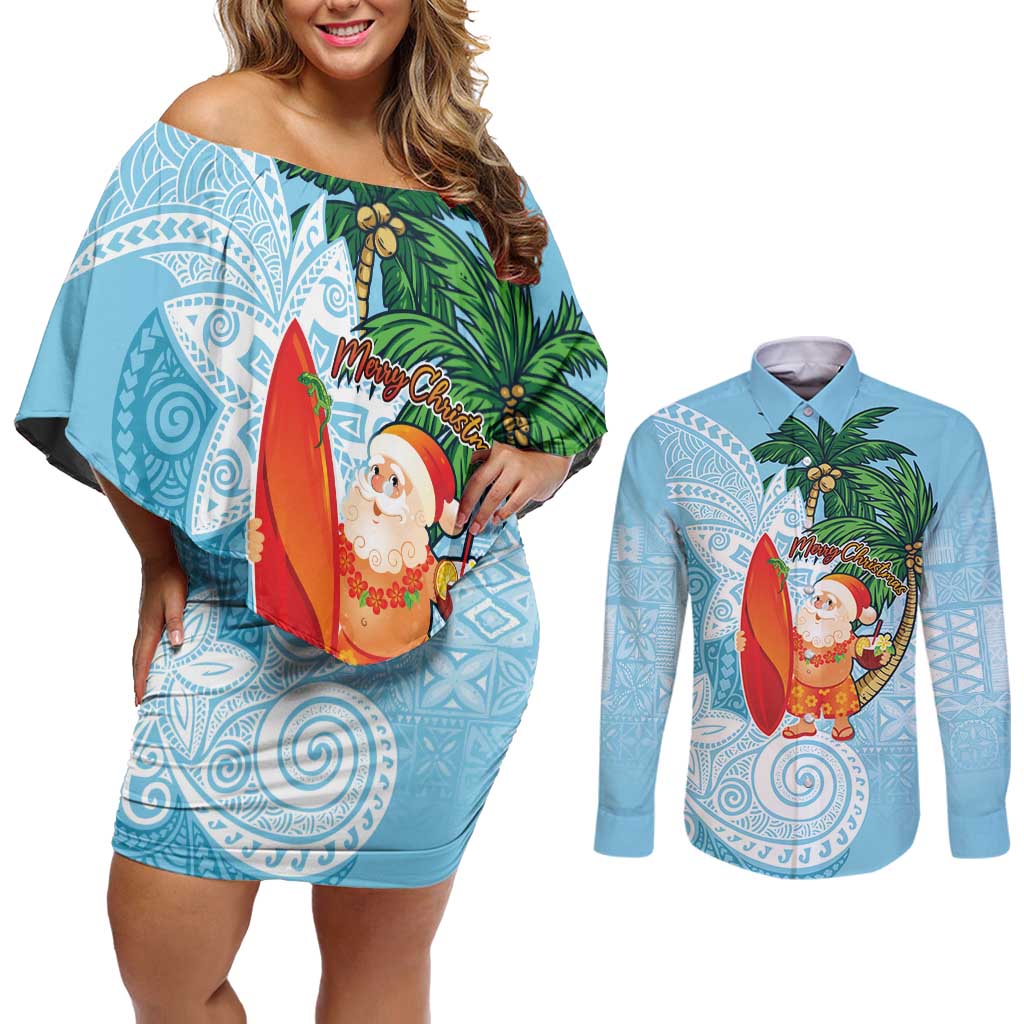 Polynesian Couples Matching Off Shoulder Short Dress and Long Sleeve Button Shirt Tropical Santa - Plumeria Turquoise Vintage LT7 Turquoise - Polynesian Pride