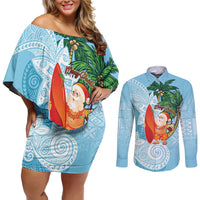 Polynesian Couples Matching Off Shoulder Short Dress and Long Sleeve Button Shirt Tropical Santa - Plumeria Turquoise Vintage LT7 Turquoise - Polynesian Pride