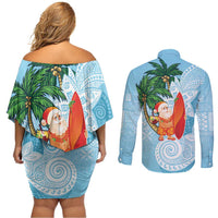 Polynesian Couples Matching Off Shoulder Short Dress and Long Sleeve Button Shirt Tropical Santa - Plumeria Turquoise Vintage LT7 - Polynesian Pride