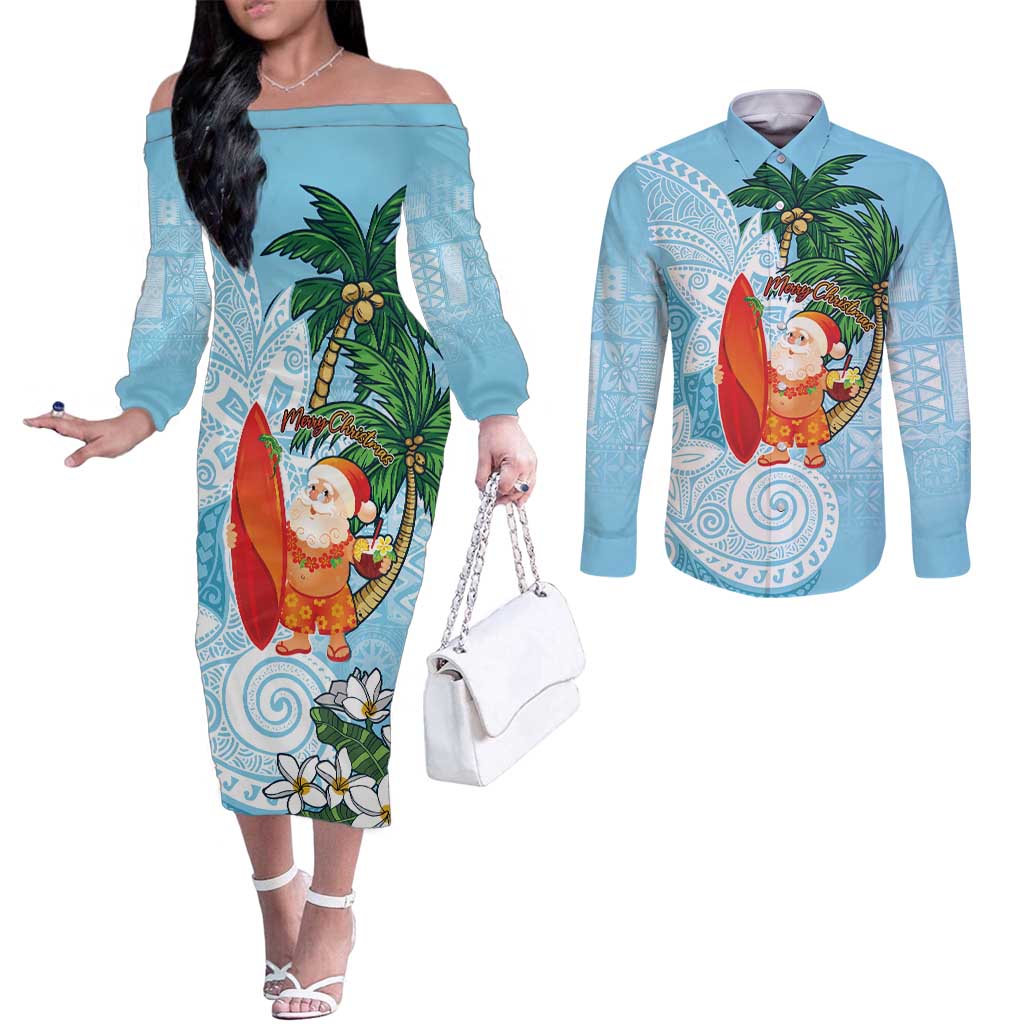 Polynesian Couples Matching Off The Shoulder Long Sleeve Dress and Long Sleeve Button Shirt Tropical Santa - Plumeria Turquoise Vintage LT7 Turquoise - Polynesian Pride