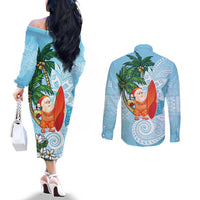 Polynesian Couples Matching Off The Shoulder Long Sleeve Dress and Long Sleeve Button Shirt Tropical Santa - Plumeria Turquoise Vintage LT7 - Polynesian Pride