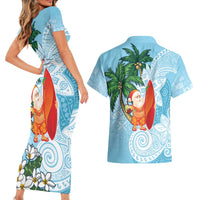 Polynesian Couples Matching Short Sleeve Bodycon Dress and Hawaiian Shirt Tropical Santa - Plumeria Turquoise Vintage LT7 - Polynesian Pride