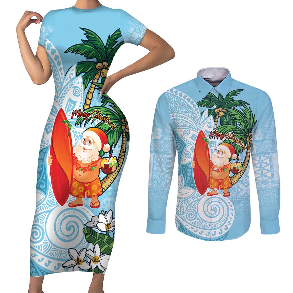 Polynesian Couples Matching Short Sleeve Bodycon Dress and Long Sleeve Button Shirt Tropical Santa - Plumeria Turquoise Vintage LT7 Turquoise - Polynesian Pride