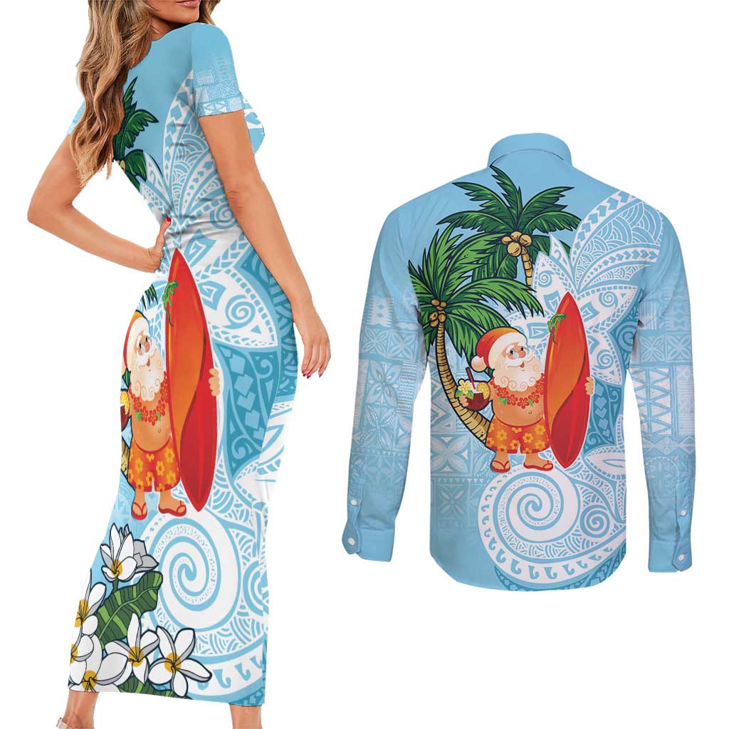Polynesian Couples Matching Short Sleeve Bodycon Dress and Long Sleeve Button Shirt Tropical Santa - Plumeria Turquoise Vintage LT7 - Polynesian Pride