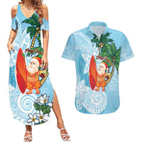 Polynesian Couples Matching Summer Maxi Dress and Hawaiian Shirt Tropical Santa - Plumeria Turquoise Vintage LT7 Turquoise - Polynesian Pride
