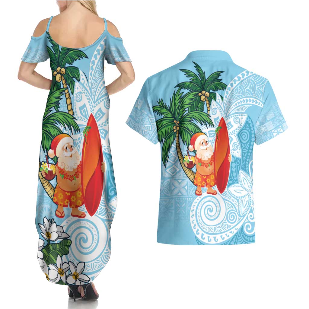 Polynesian Couples Matching Summer Maxi Dress and Hawaiian Shirt Tropical Santa - Plumeria Turquoise Vintage LT7 - Polynesian Pride