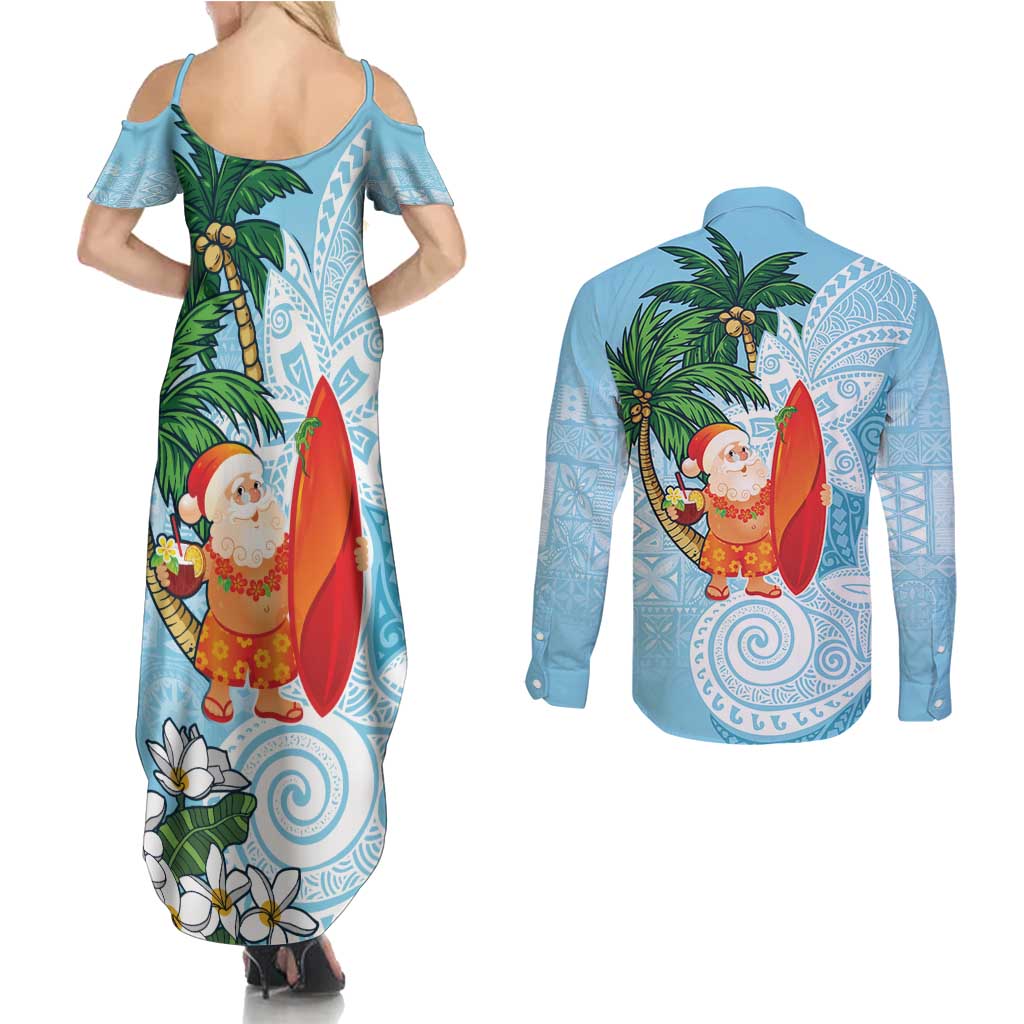 Polynesian Couples Matching Summer Maxi Dress and Long Sleeve Button Shirt Tropical Santa - Plumeria Turquoise Vintage LT7 - Polynesian Pride