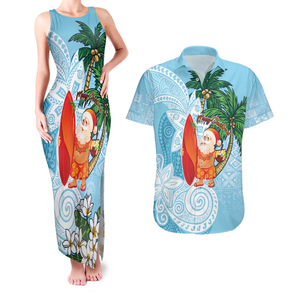 Polynesian Couples Matching Tank Maxi Dress and Hawaiian Shirt Tropical Santa - Plumeria Turquoise Vintage LT7 Turquoise - Polynesian Pride