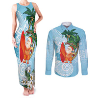 Polynesian Couples Matching Tank Maxi Dress and Long Sleeve Button Shirt Tropical Santa - Plumeria Turquoise Vintage LT7 Turquoise - Polynesian Pride