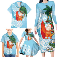 Polynesian Family Matching Long Sleeve Bodycon Dress and Hawaiian Shirt Tropical Santa - Plumeria Turquoise Vintage LT7 - Polynesian Pride
