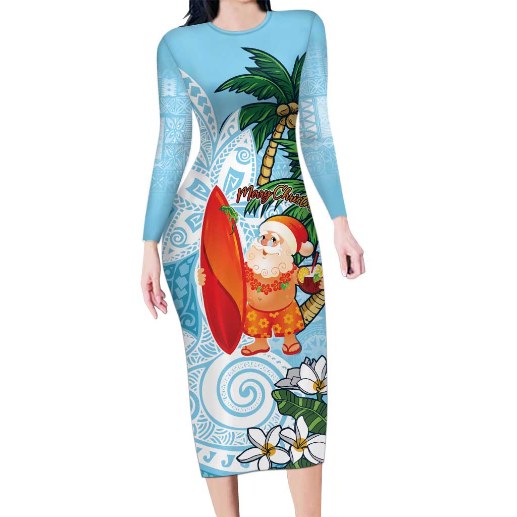 Polynesian Family Matching Long Sleeve Bodycon Dress and Hawaiian Shirt Tropical Santa - Plumeria Turquoise Vintage LT7 Mom's Dress Turquoise - Polynesian Pride