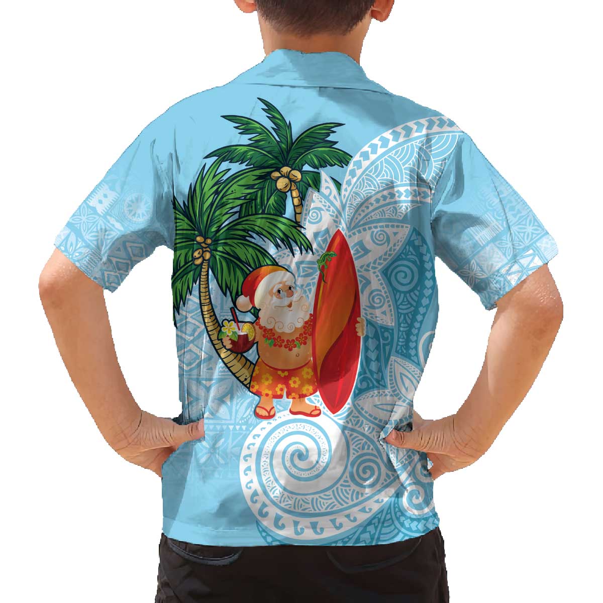 Polynesian Family Matching Off The Shoulder Long Sleeve Dress and Hawaiian Shirt Tropical Santa - Plumeria Turquoise Vintage LT7 - Polynesian Pride