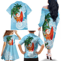 Polynesian Family Matching Off The Shoulder Long Sleeve Dress and Hawaiian Shirt Tropical Santa - Plumeria Turquoise Vintage LT7 - Polynesian Pride