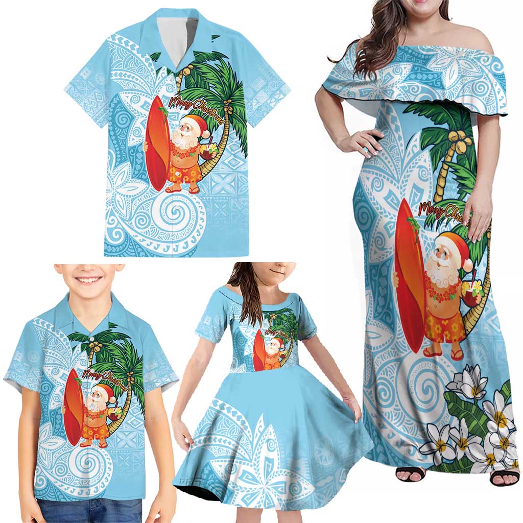 Polynesian Family Matching Off Shoulder Maxi Dress and Hawaiian Shirt Tropical Santa - Plumeria Turquoise Vintage LT7 - Polynesian Pride