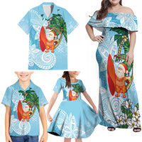 Polynesian Family Matching Off Shoulder Maxi Dress and Hawaiian Shirt Tropical Santa - Plumeria Turquoise Vintage LT7 - Polynesian Pride