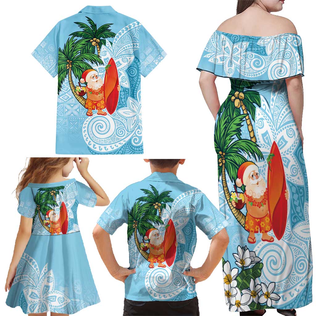 Polynesian Family Matching Off Shoulder Maxi Dress and Hawaiian Shirt Tropical Santa - Plumeria Turquoise Vintage LT7 - Polynesian Pride