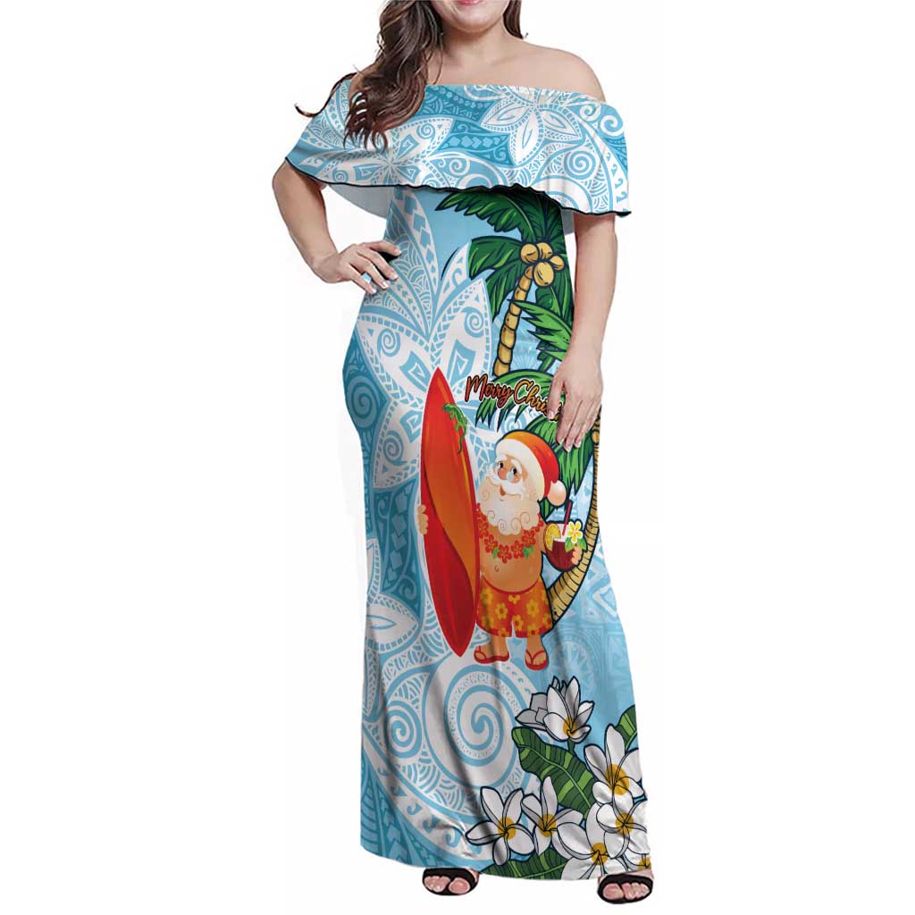 Polynesian Family Matching Off Shoulder Maxi Dress and Hawaiian Shirt Tropical Santa - Plumeria Turquoise Vintage LT7 Mom's Dress Turquoise - Polynesian Pride