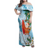 Polynesian Family Matching Off Shoulder Maxi Dress and Hawaiian Shirt Tropical Santa - Plumeria Turquoise Vintage LT7 Mom's Dress Turquoise - Polynesian Pride